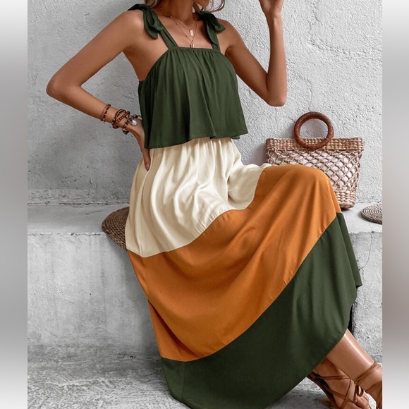 Boho Color Block Ruffle Neck Cami Maxi Dress - Picture 2 of 8